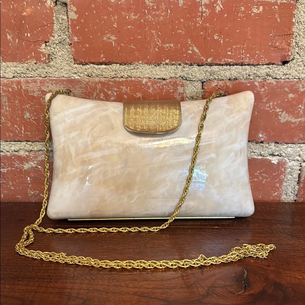 L Magnin Vintage Bakelite Rare Elegant Cream and Gold Women's Clutch